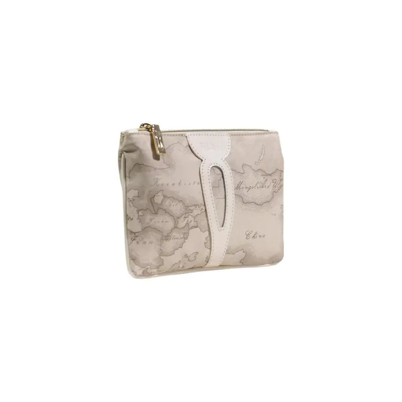 Alviero Martini Prima Classe beige leather clutch with vintage world map print and white stitched handle