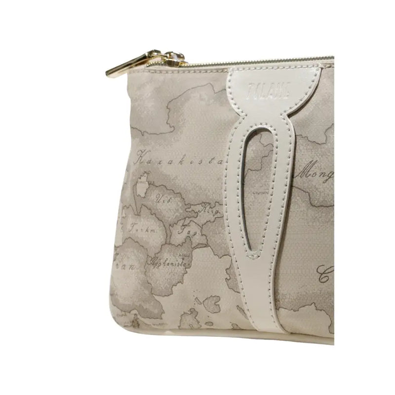 Alviero Martini Prima Classe beige print zip clutch with map pattern, white leather strap, and gold-tone zipper