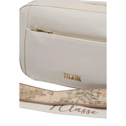 Cream-colored leather alviero martini prima classe shoulder bag with gold-tone zipper and map-patterned strap