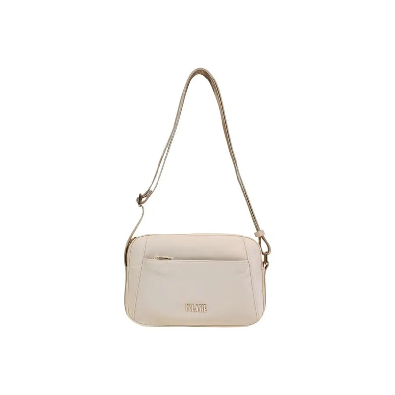 Alviero Martini Prima Classe beige cream-colored tilaye crossbody bag with sleek minimalist design and metallic hardware