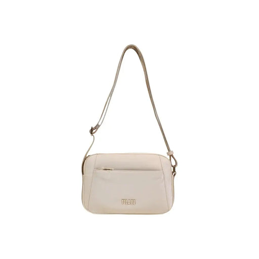 Alviero Martini Prima Classe beige cream-colored tilaye crossbody bag with sleek minimalist design and metallic hardware