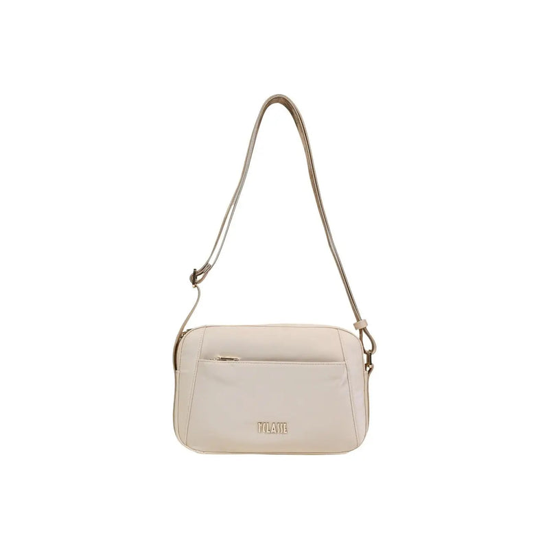 Alviero Martini Prima Classe beige cream-colored tilaye crossbody bag with sleek minimalist design and metallic hardware