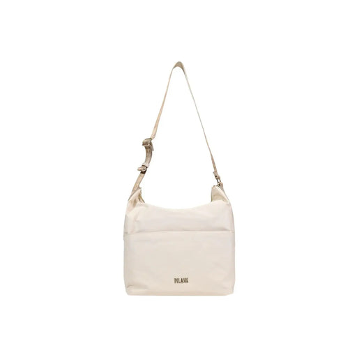Alviero Martini Prima Classe beige cream-colored nylon shoulder bag with minimalist design and zip pocket