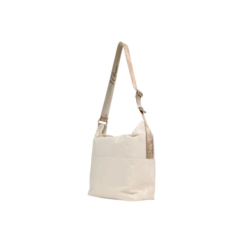 Cream-colored canvas shoulder bag with zip pocket and patterned maison strap alviero martini prima classe beige