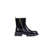 Alviero Martini Prima Classe black leather ankle boots with gold zipper and chunky sole