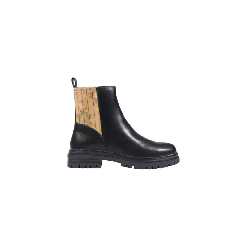 Alviero Martini Prima Classe black leather ankle boots for women with vintage map pattern side panel