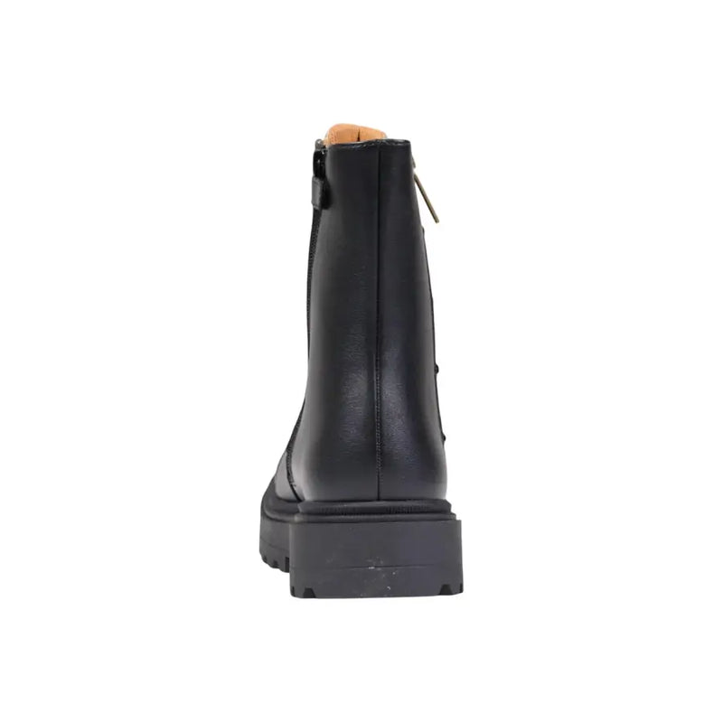Alviero martini prima classe black leather ankle boot with chunky rubber sole and zipper closure visible from the back