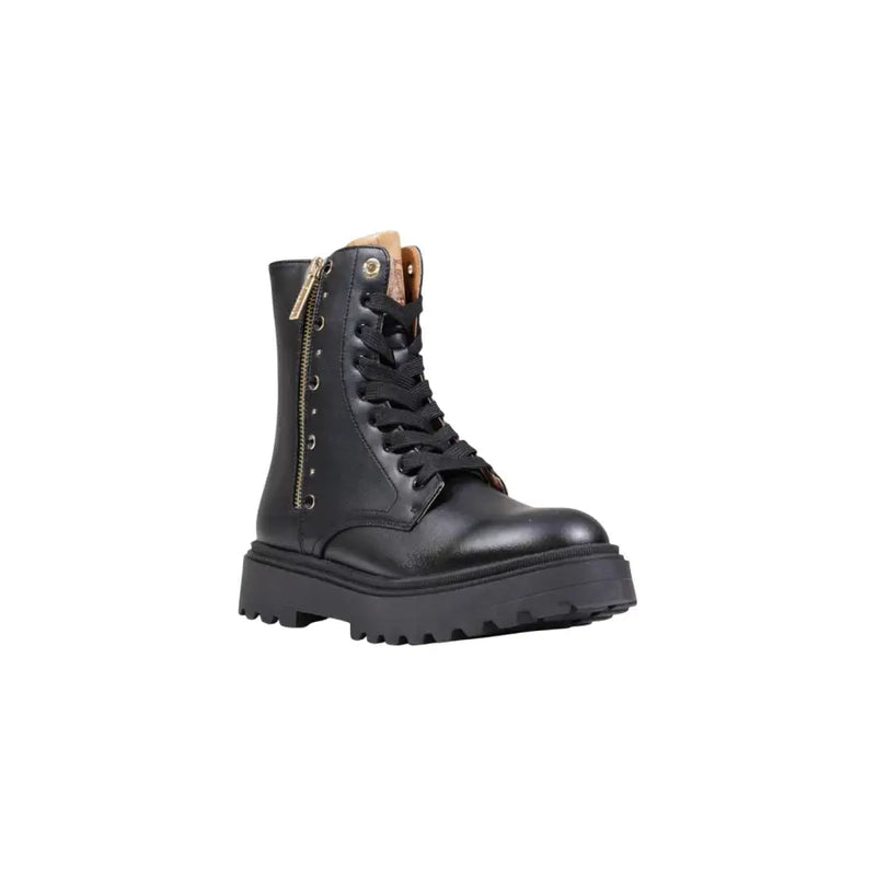 Alviero Martini Prima Classe black leather ankle combat boots with chunky sole and gold-tone zipper detail