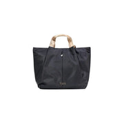 Alviero Martini Prima Classe black nylon tote bag with beige patterned handles and pilasse logo on front with zip pockets