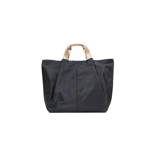 Alviero Martini Prima Classe black nylon tote bag with beige patterned handles and zip pockets for secure storage