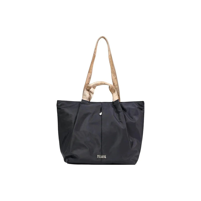 Alviero Martini Prima Classe black nylon tote bag with beige map-patterned handles and zip pockets with tilasie logo