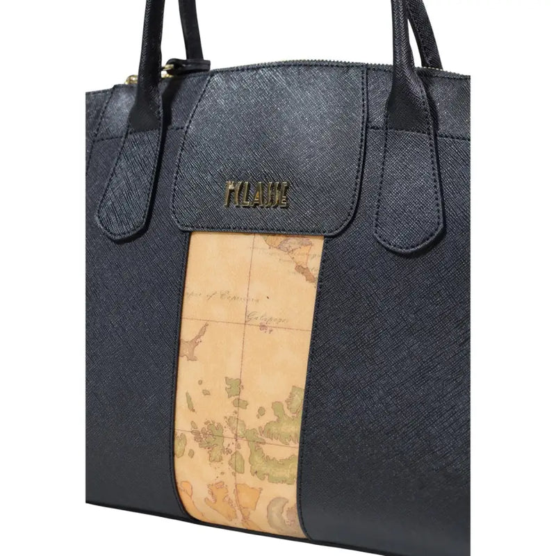 Alviero Martini Prima Classe dark blue textured handbag with vintage map panel and Klawe embossed flap