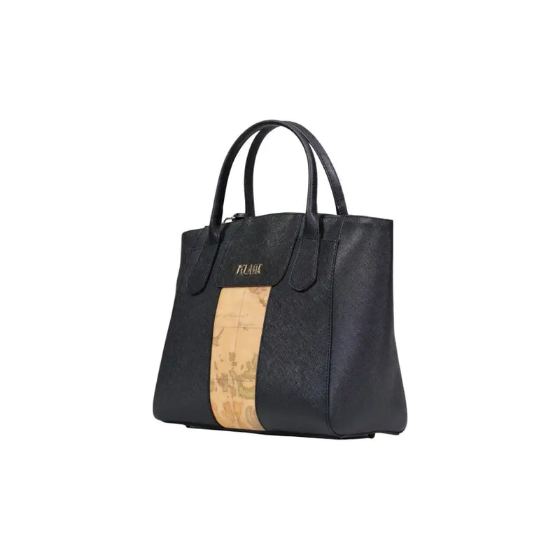 Alviero Martini Prima Classe black leather tote bag with vertical tan map design gold-tone logo plaque and shoulder strap