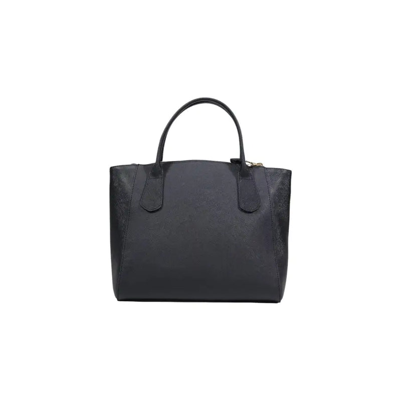 Alviero Martini Prima Classe black leather tote bag with subtle textured pattern gold tone hardware and shoulder strap
