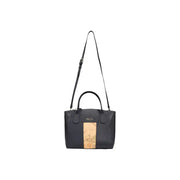 Alviero Martini Prima Classe black leather tote bag with tan map-patterned stripe and top handles with shoulder strap