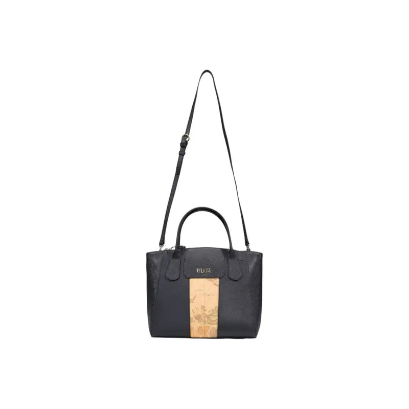 Alviero Martini Prima Classe black leather tote bag with tan map-patterned stripe and top handles with shoulder strap