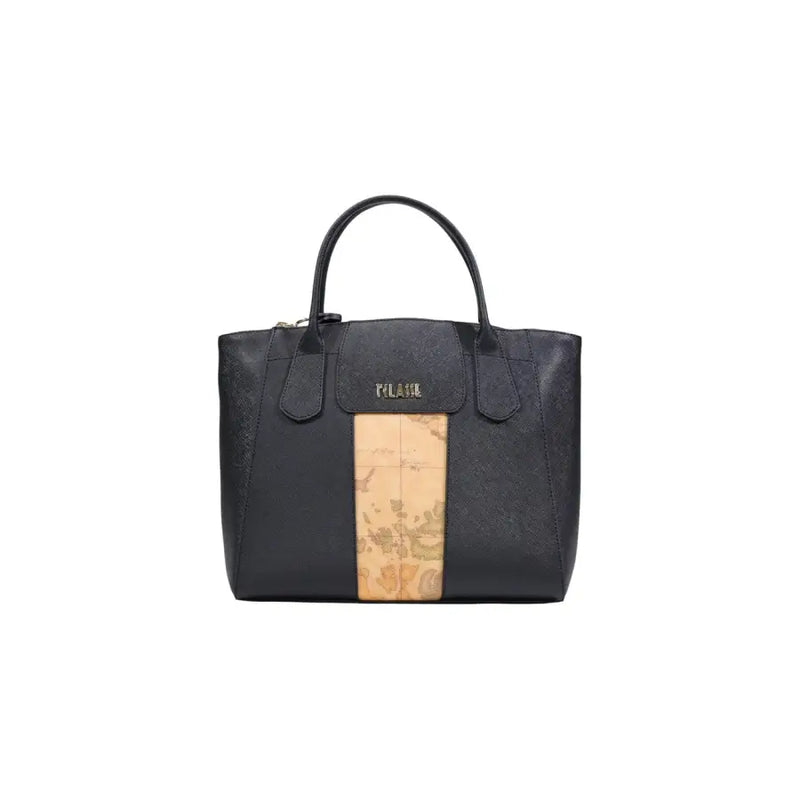Alviero Martini Prima Classe black leather tote bag with vintage map print strip and gold milan logo on front flap