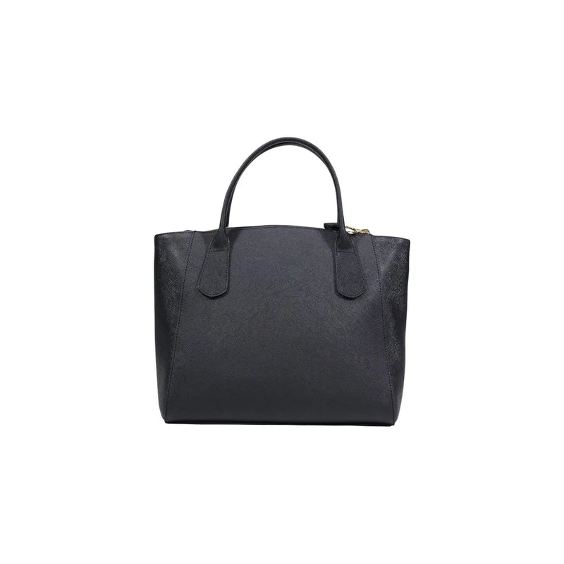 Alviero Martini Prima Classe black leather tote bag with subtle textured pattern gold tone hardware and shoulder strap