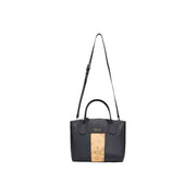 Alviero Martini Prima Classe black leather tote bag with tan map-patterned stripe and top handles with shoulder strap