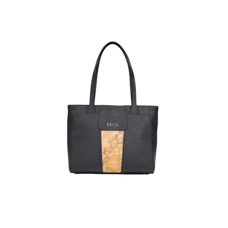 Alviero Martini Prima Classe black leather tote bag with vertical vintage map panel and gold-tone Milano logo plaque