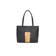 Alviero Martini Prima Classe black leather tote bag with vertical vintage map panel and gold-tone Milano logo plaque