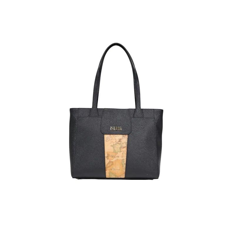 Alviero Martini Prima Classe black leather tote bag with vertical vintage map panel and gold-tone Milano logo plaque