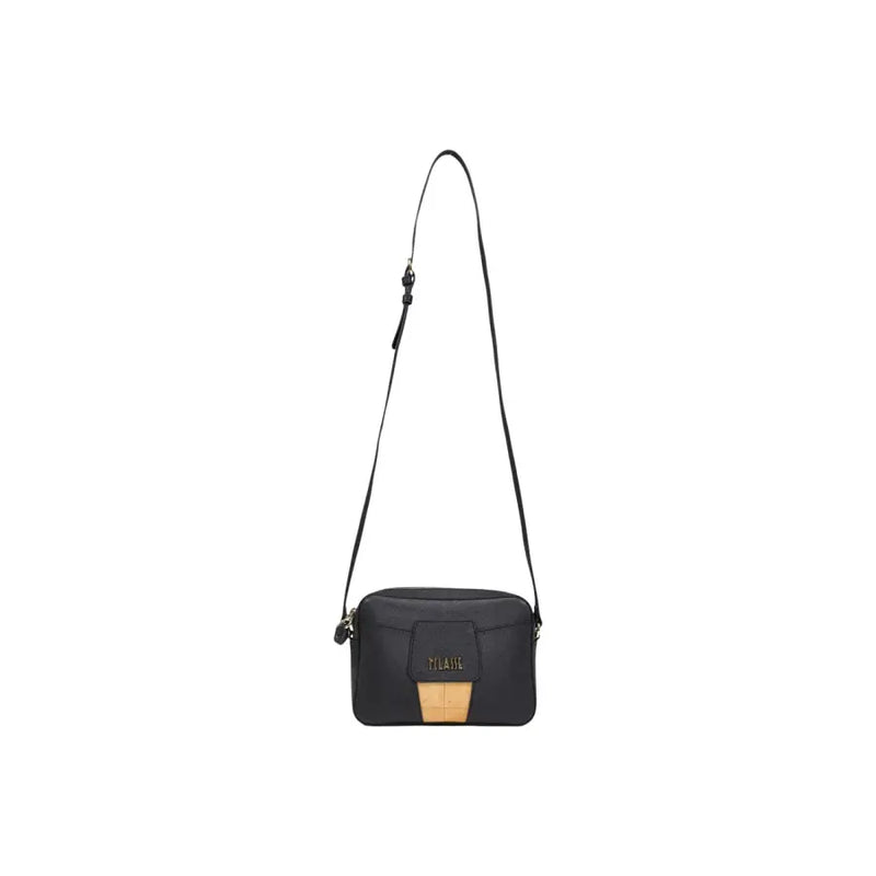 Alviero Martini Prima Classe black print crossbody bag with tan leather accent and gold-tone branding
