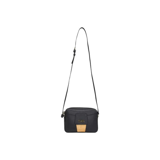 Alviero Martini Prima Classe black print crossbody bag with tan leather accent and gold-tone branding