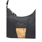 Alviero Martini Prima Classe black textured shoulder bag with vintage map print and gold classe branding
