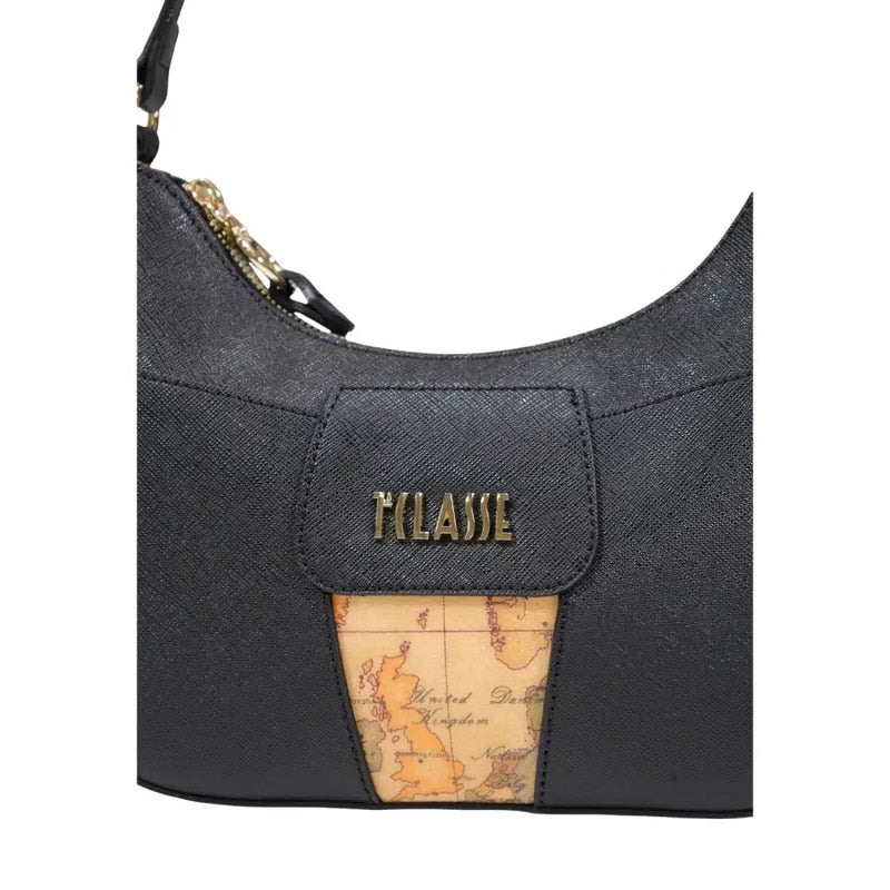 Alviero Martini Prima Classe black textured shoulder bag with vintage map print and gold classe branding