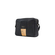 Alviero Martini Prima Classe black textured crossbody bag with tan map design and pilas branding on front flap with zip closure