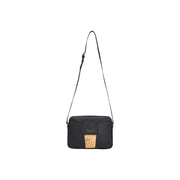 Alviero Martini Prima Classe black crossbody bag with gold-tone logo plaque and tan leather embossed map patch