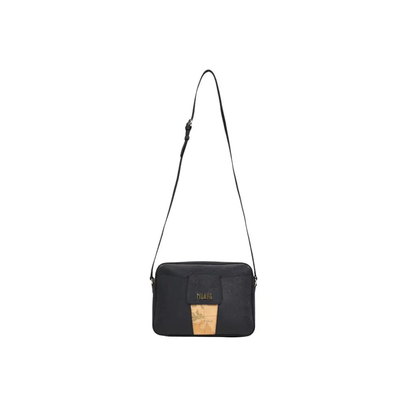 Alviero Martini Prima Classe black crossbody bag with gold-tone logo plaque and tan leather embossed map patch