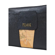 Alviero Martini Prima Classe black textured leather clutch with vintage map patch and gold tone logo plaque