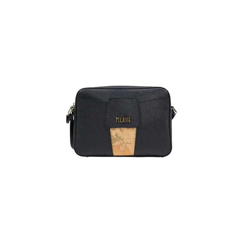 Alviero Martini Prima Classe black textured crossbody bag with tan map design and gold tone tilase branding on flap
