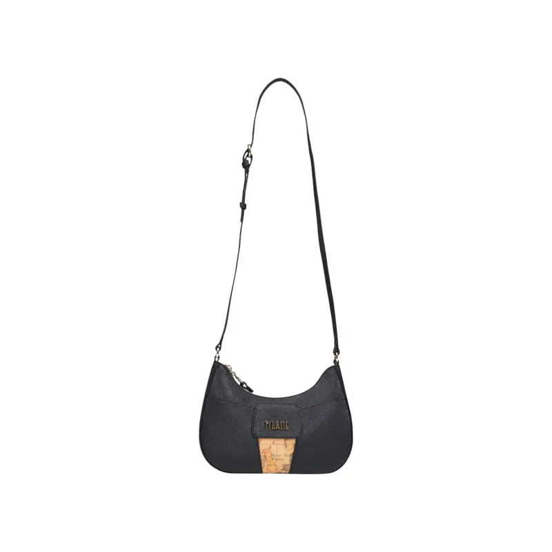 Alviero Martini Prima Classe black leather crossbody bag with cork panel and gold logo