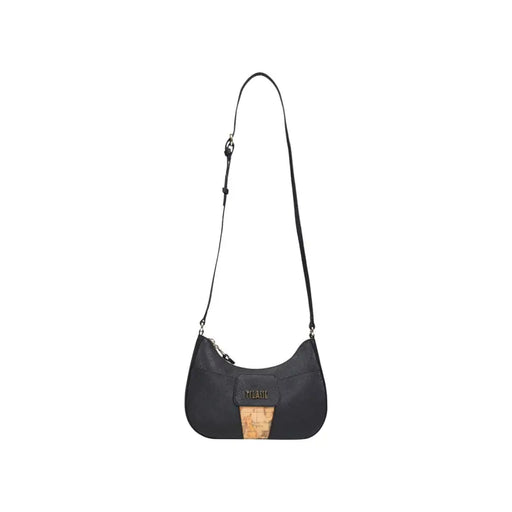 Alviero Martini Prima Classe black leather crossbody bag with cork panel and gold logo