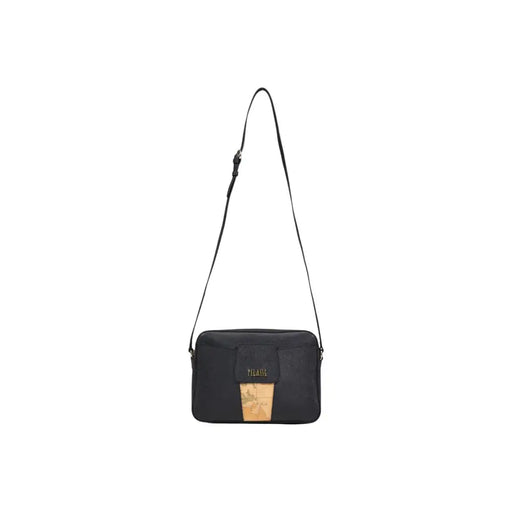 Alviero Martini Prima Classe black print crossbody bag with gold logo and tan map patch