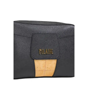 Black textured Alviero Martini Prima Classe clutch with gold classe plaque and tan leather panel