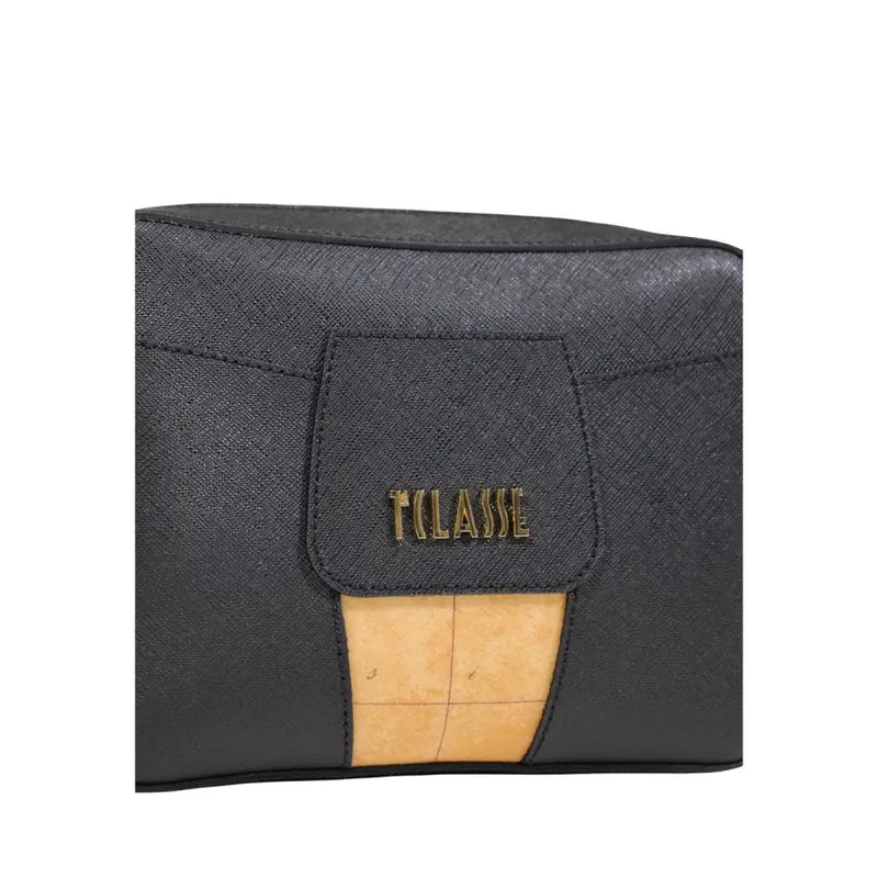 Black textured Alviero Martini Prima Classe clutch with gold classe plaque and tan leather panel