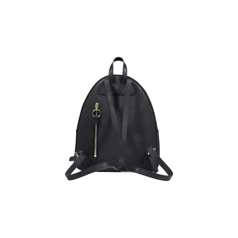Alviero Martini Prima Classe black leather backpack with gold tone zipper and adjustable straps shown from back side