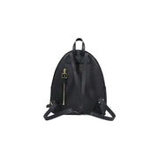 Alviero Martini Prima Classe black leather backpack with gold tone zipper and adjustable straps shown from back side