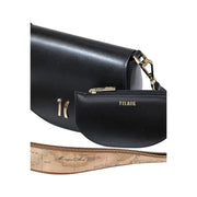 Alviero Martini Prima Classe black leather crossbody bag with gold-tone hardware and map-patterned shoulder strap