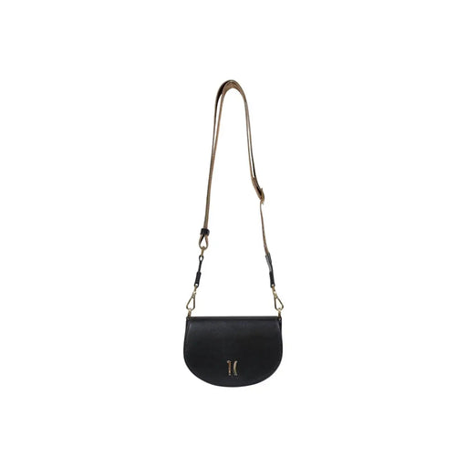 Alviero Martini Prima Classe black leather crossbody bag with gold-tone logo and matching strap for shoulder use