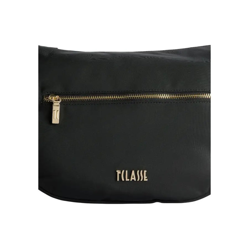 Alviero Martini Prima Classe black leather crossbody bag with gold-tone zipper logo and multiple pockets