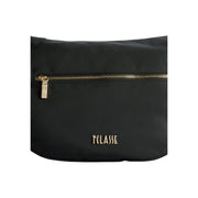 Alviero Martini Prima Classe black leather crossbody bag with gold-tone zipper logo and multiple pockets