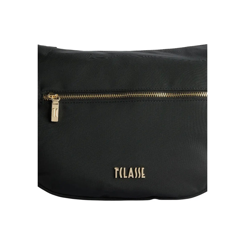 Alviero Martini Prima Classe black leather crossbody bag with gold-tone zipper logo and multiple pockets