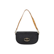 Alviero Martini Prima Classe black textured crossbody bag with gold oval logo clasp and tan leather strap for women