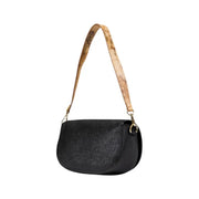 Alviero Martini Prima Classe black textured crossbody bag with tan map-patterned strap and gold-tone hardware for women
