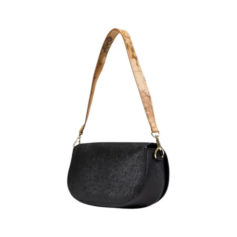 Alviero Martini Prima Classe black textured crossbody bag with tan map-patterned strap and gold-tone hardware for women
